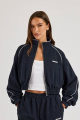 Waffle Contrast Piping Cropped Track Jacket - Navy Blue