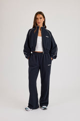 Waffle Contrast Piping Cropped Track Jacket & Wide Leg Jogger Track Pant - Navy Blue