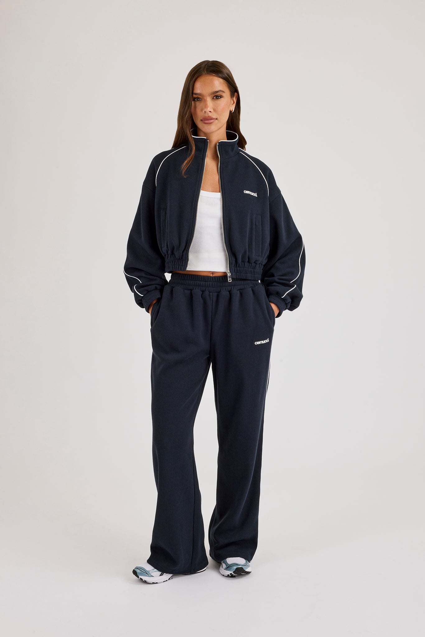 Waffle Contrast Piping Cropped Track Jacket - Navy Blue