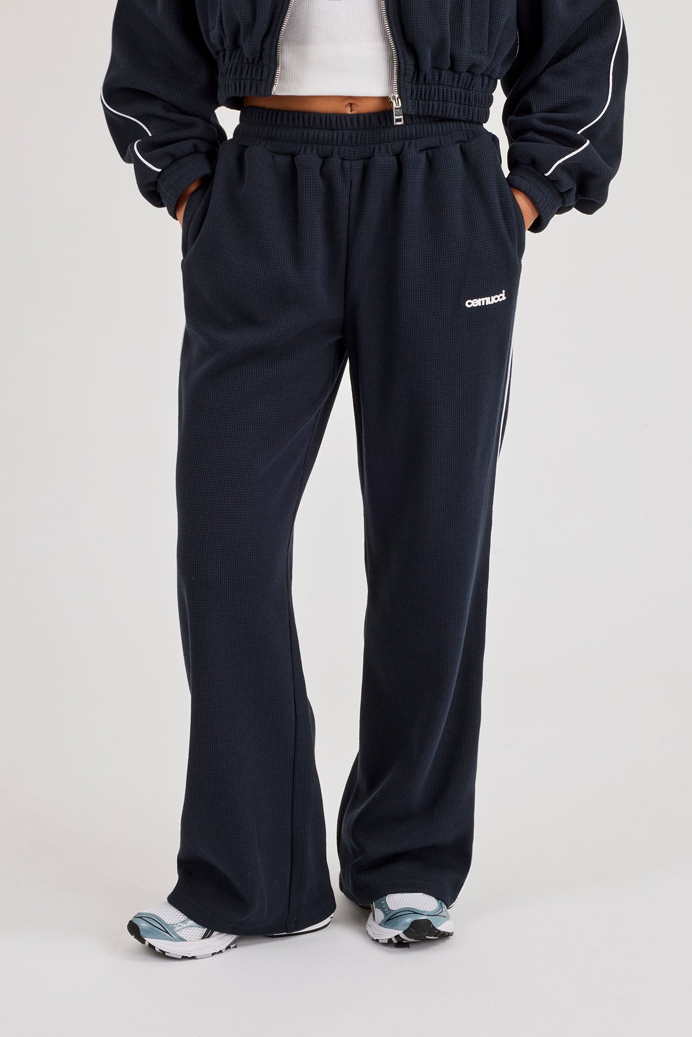 Waffle Contrast Piping Wide Leg Jogger Track Pant - Navy Blue