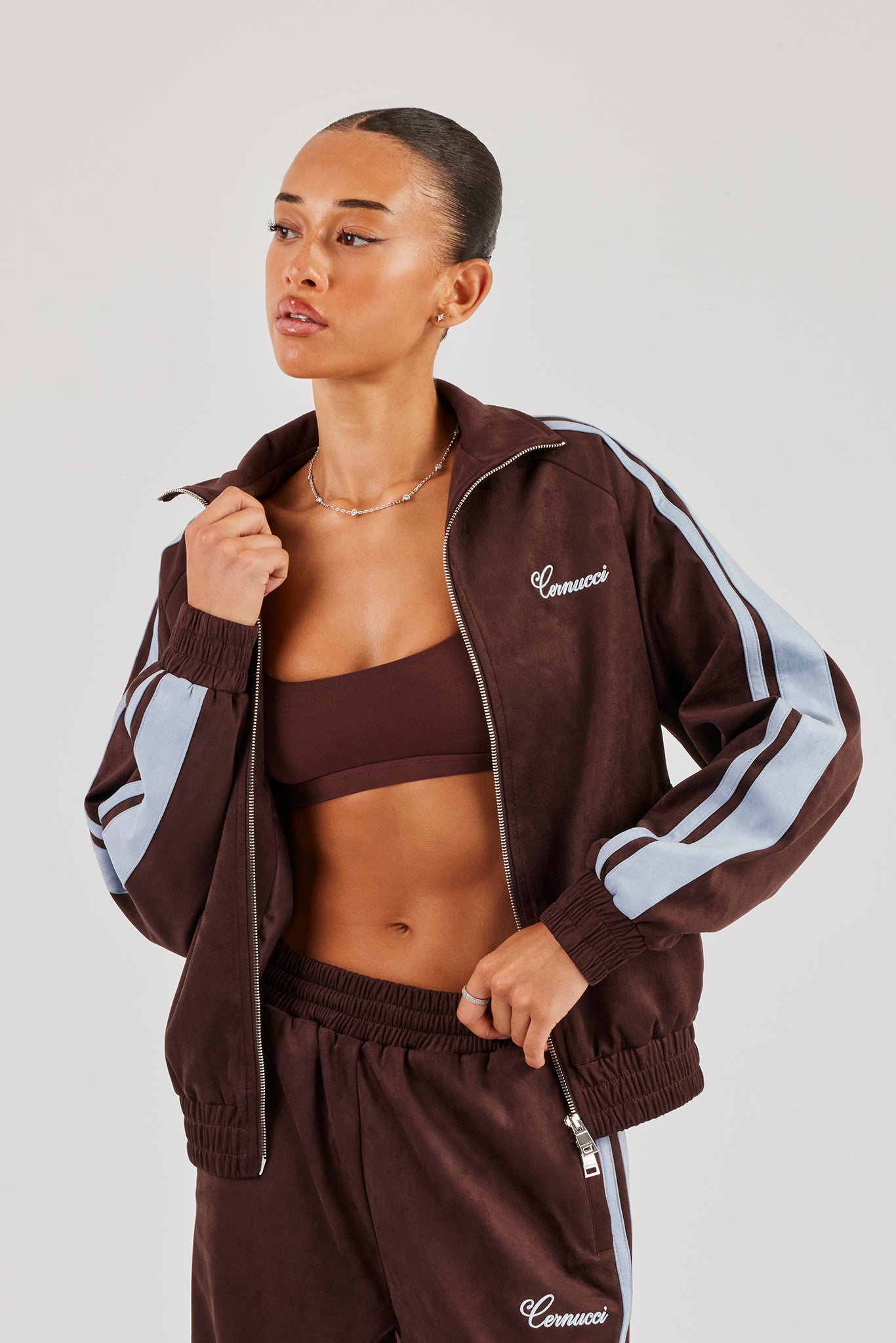 Suede Track Jacket With Side Stripes - Coffee