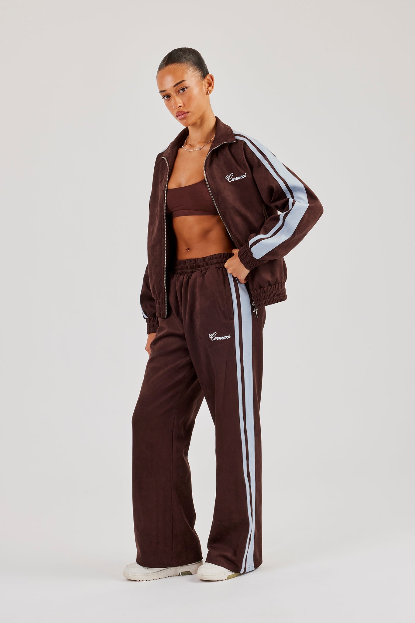 Suede Track Jacket & Jogger With Side Stripes - Coffee