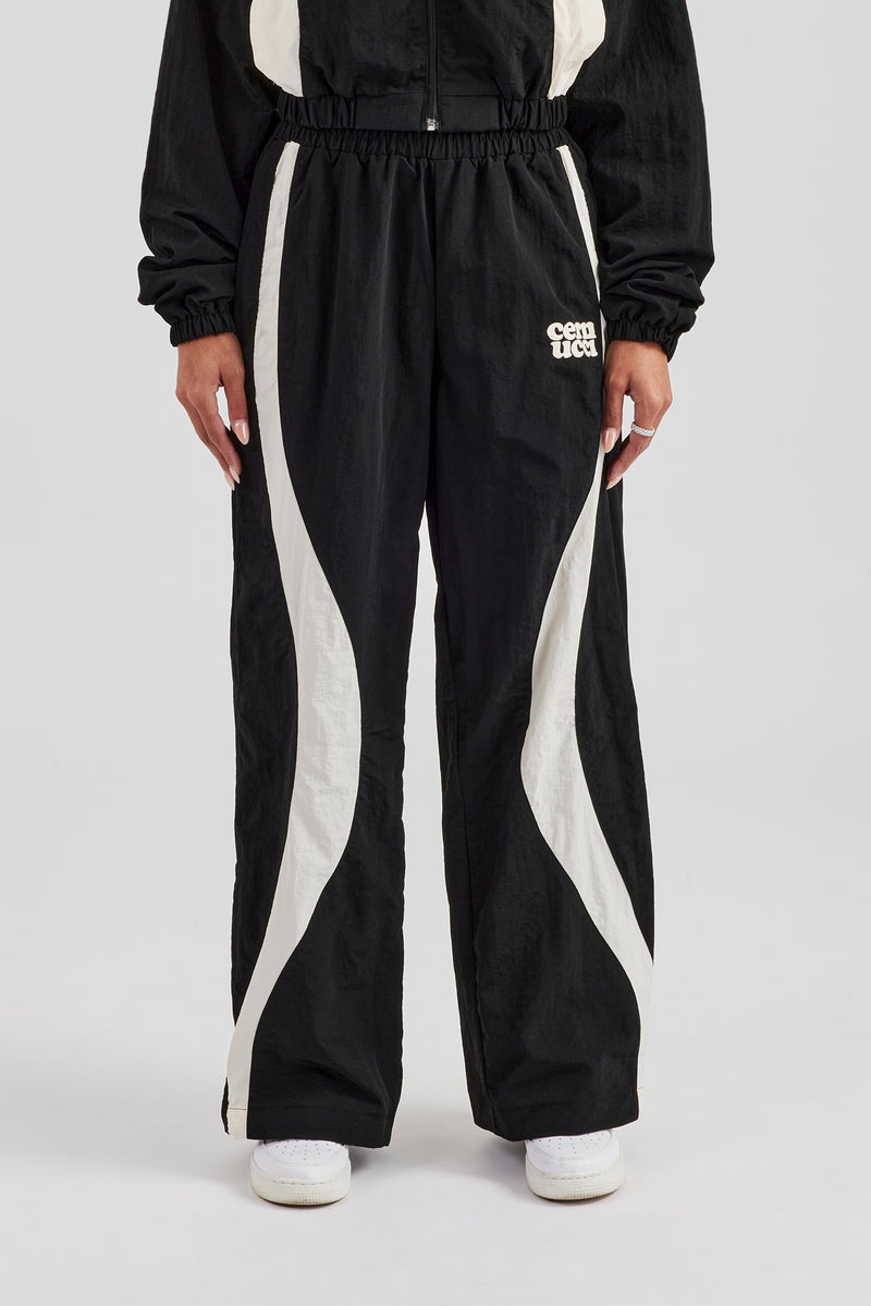 Contrast Panel Nylon Wide Leg Trouser - Black