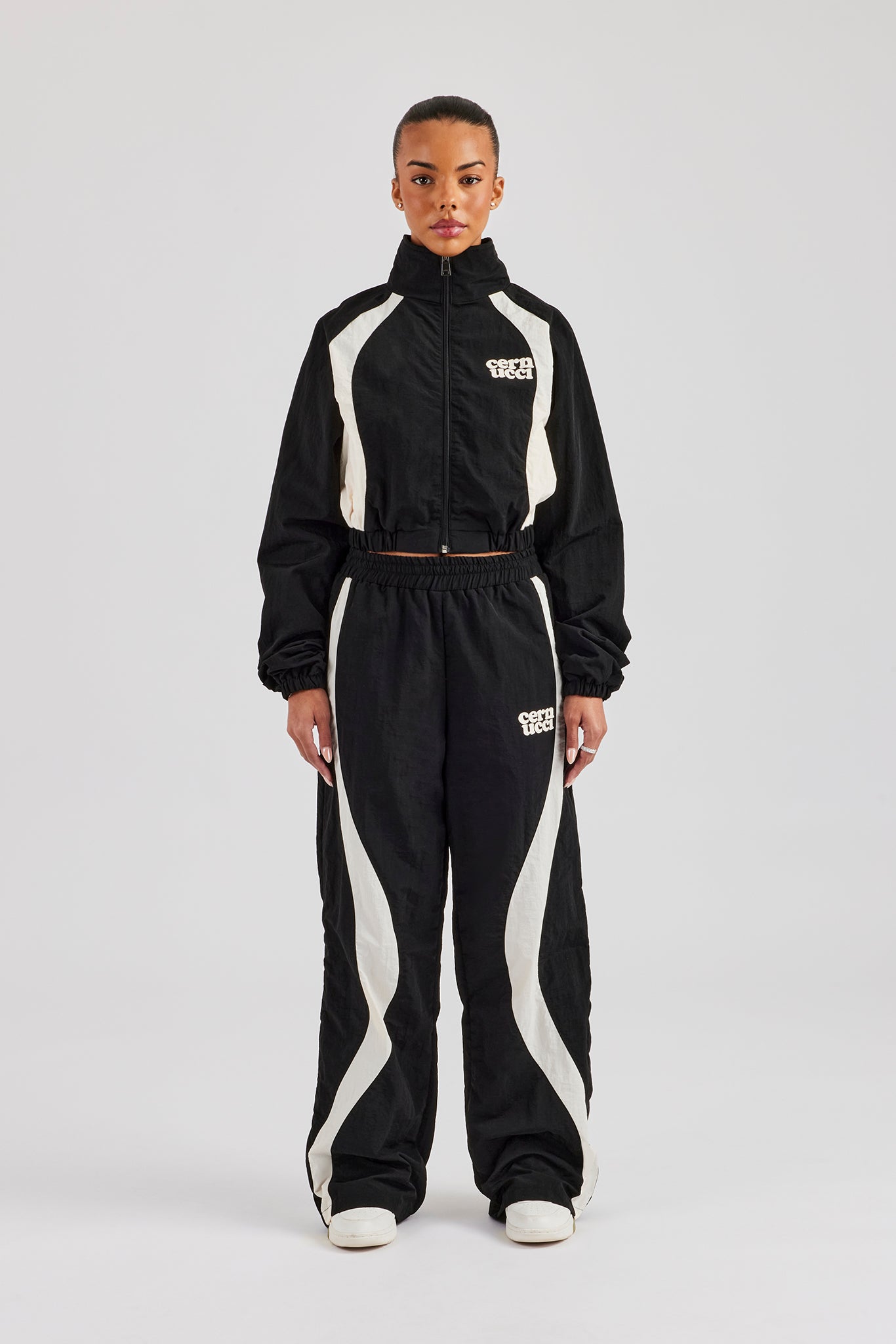 Contrast Panel Nylon Zip Through Tracksuit - Black | Womens Sets