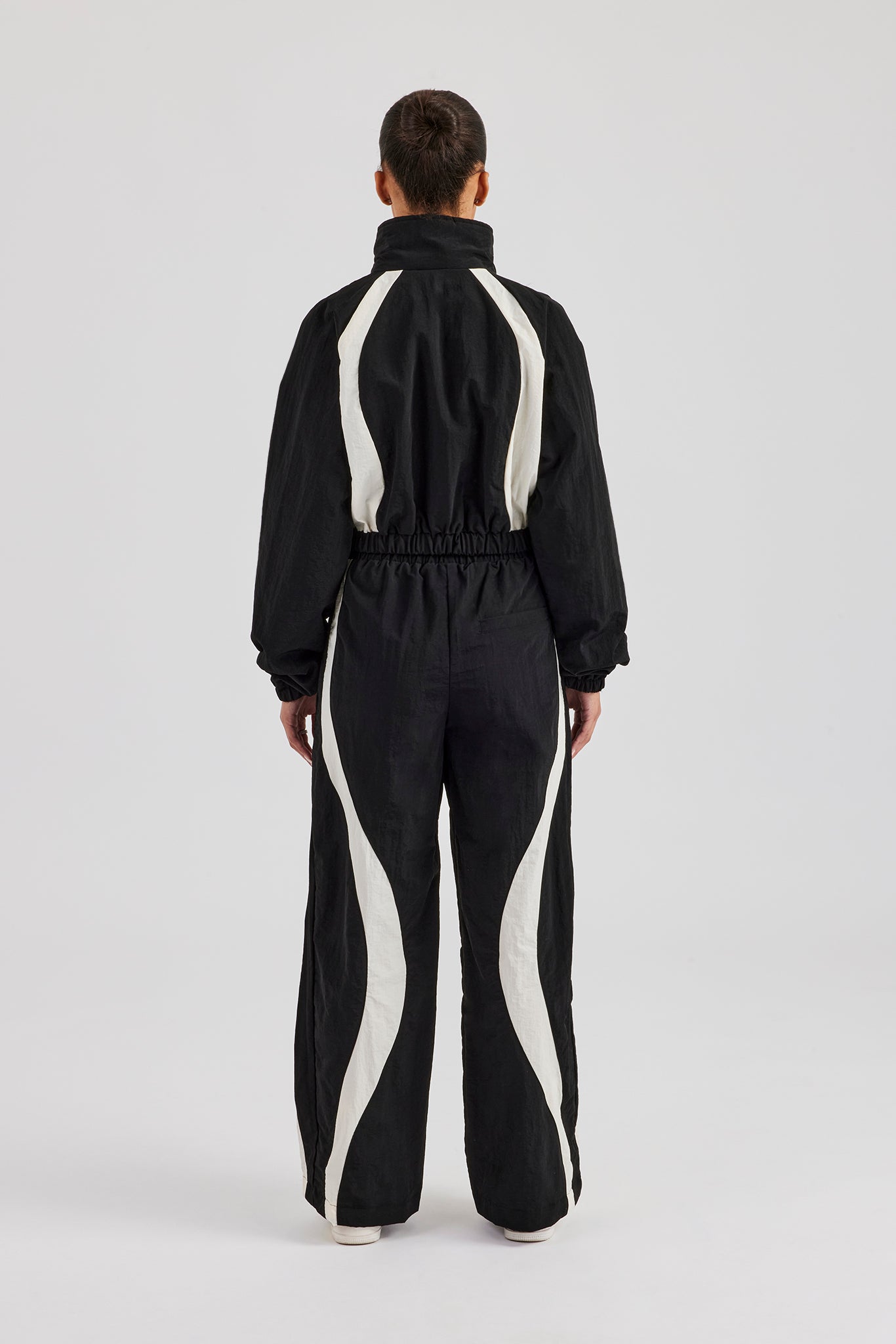 Contrast Panel Nylon Zip Through Tracksuit - Black | Womens Sets