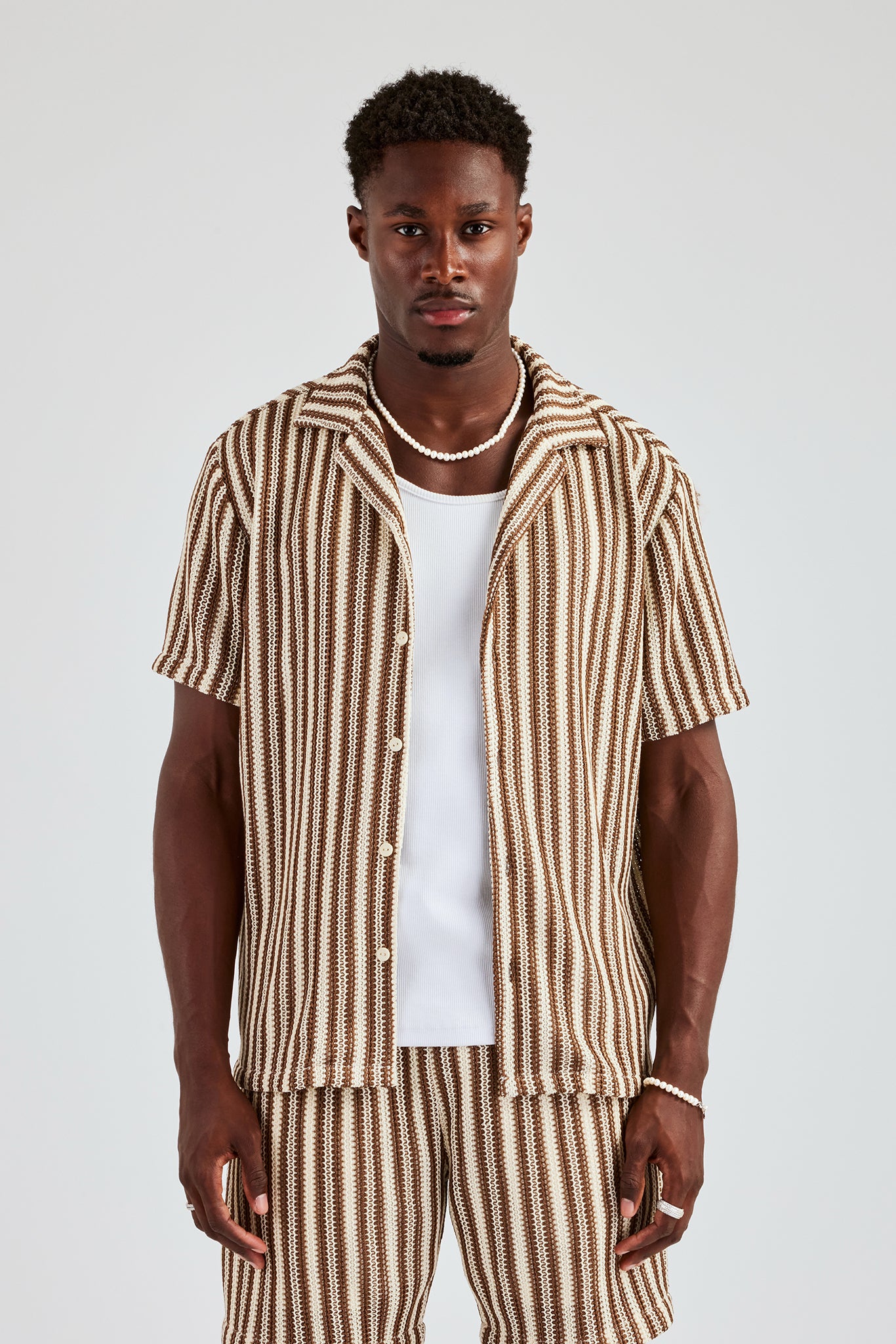 Knitted Contrast Stripe Revere Shirt & Short Set - Chocolate