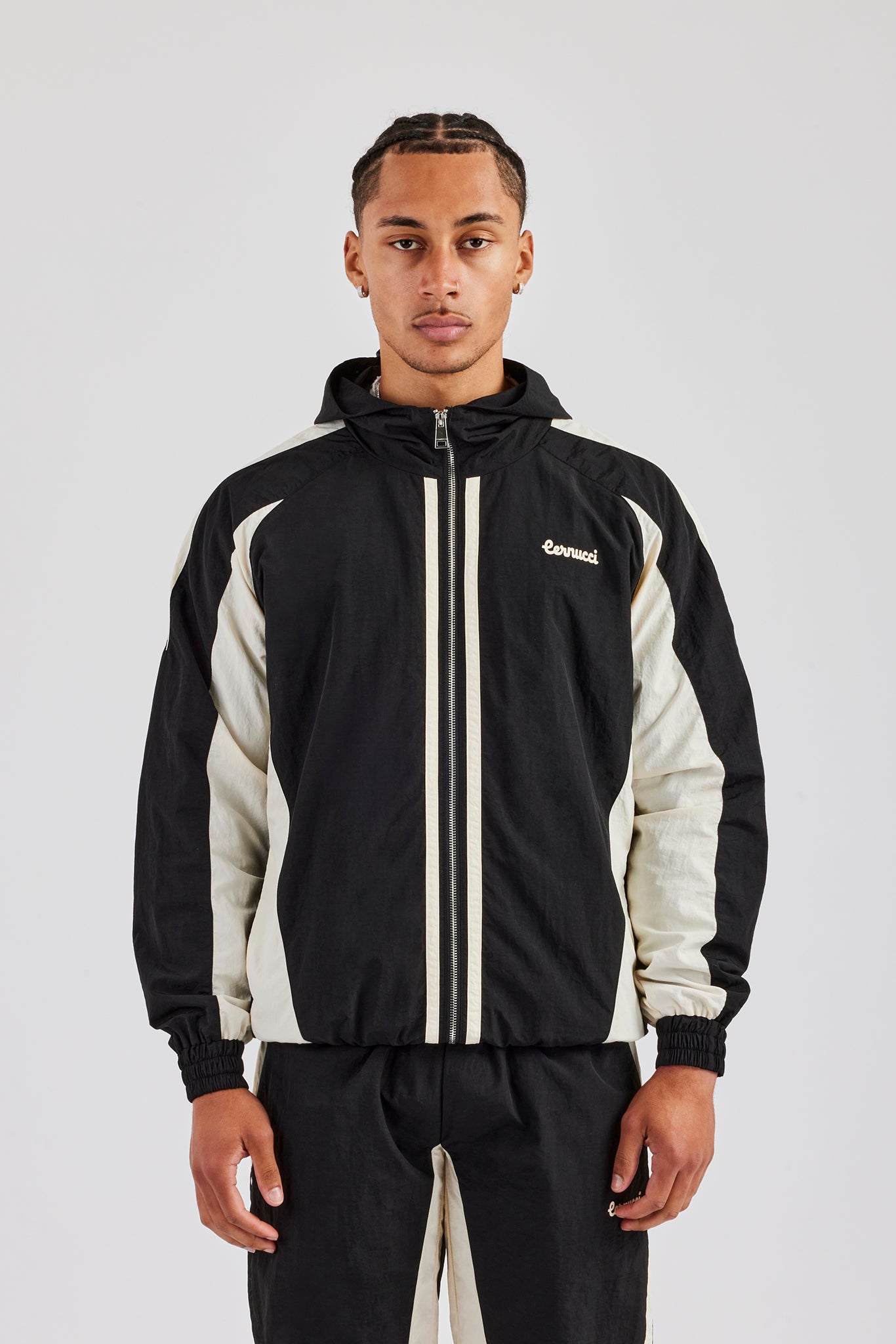 Cernucci Contrast Panel Nylon Track Top - Black | Mens Outerwear