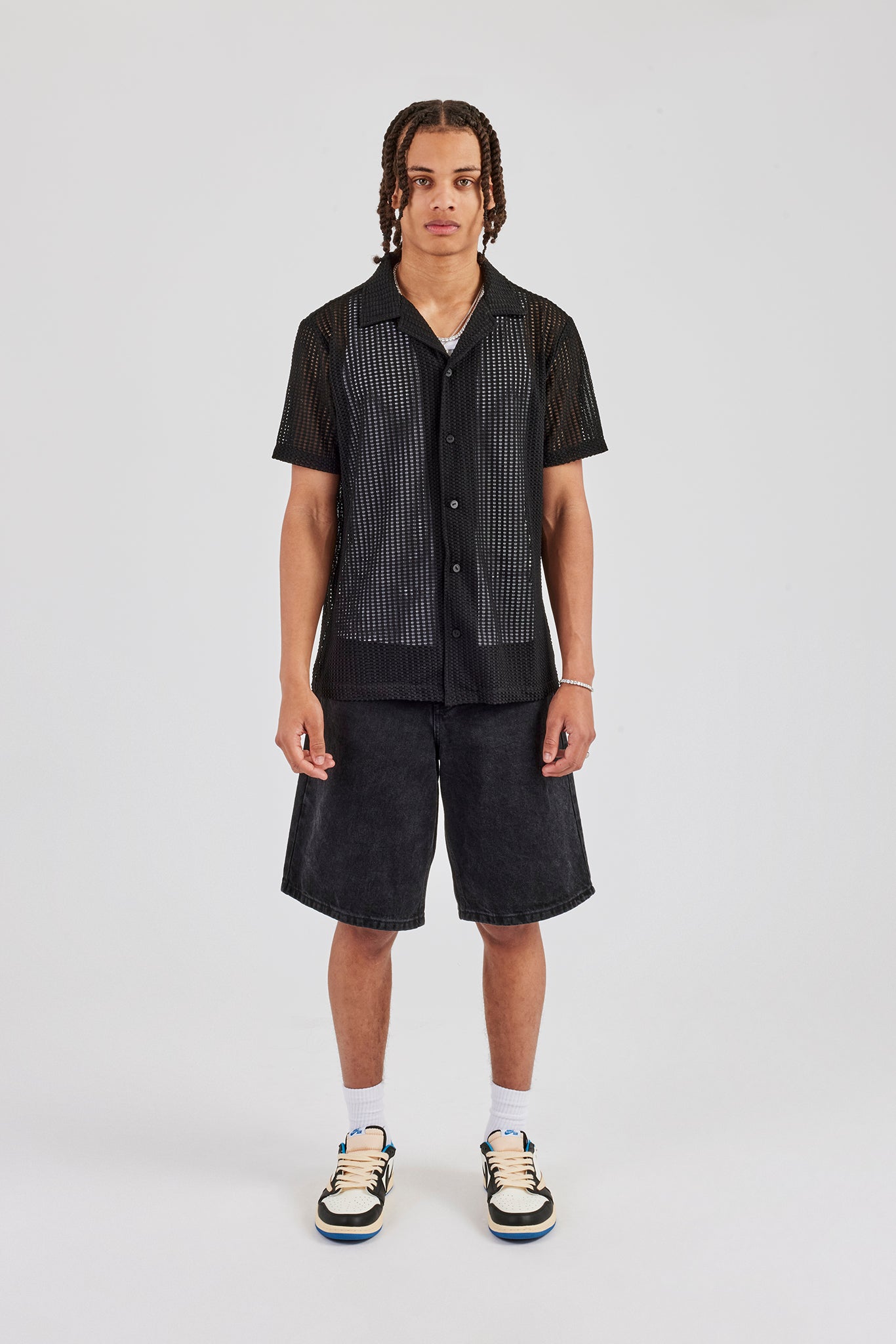 Textured Button Front Revere Shirt - Black
