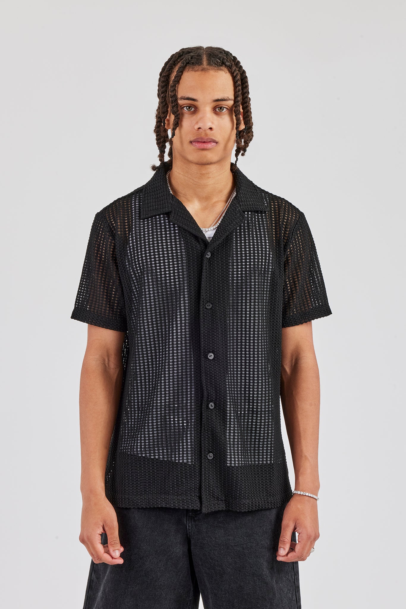 Textured Button Front Revere Shirt - Black