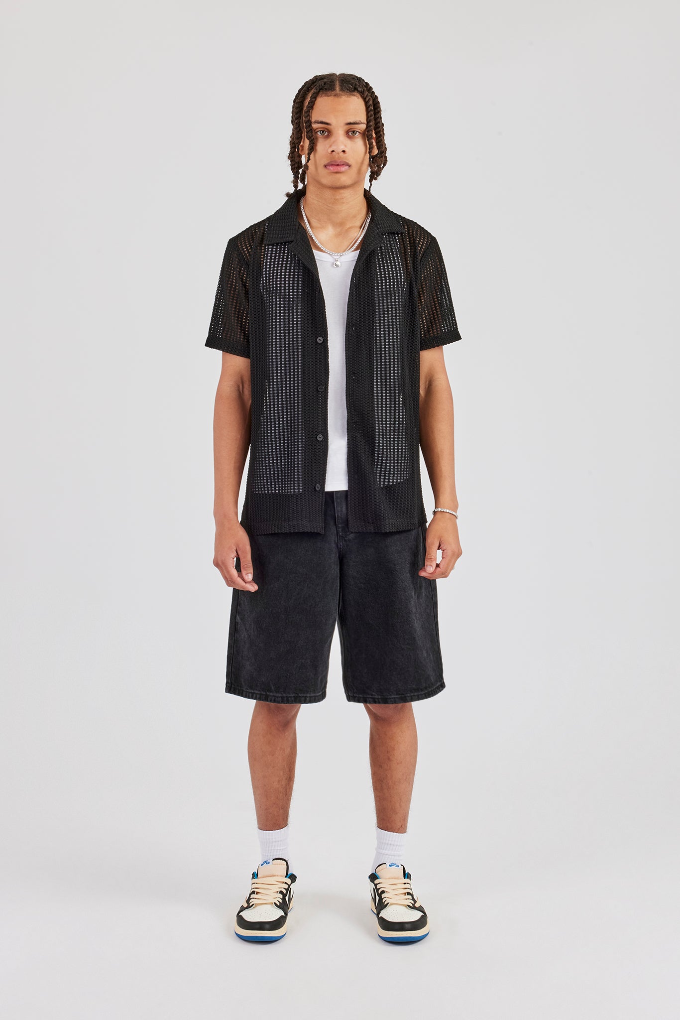 Textured Button Front Revere Shirt - Black