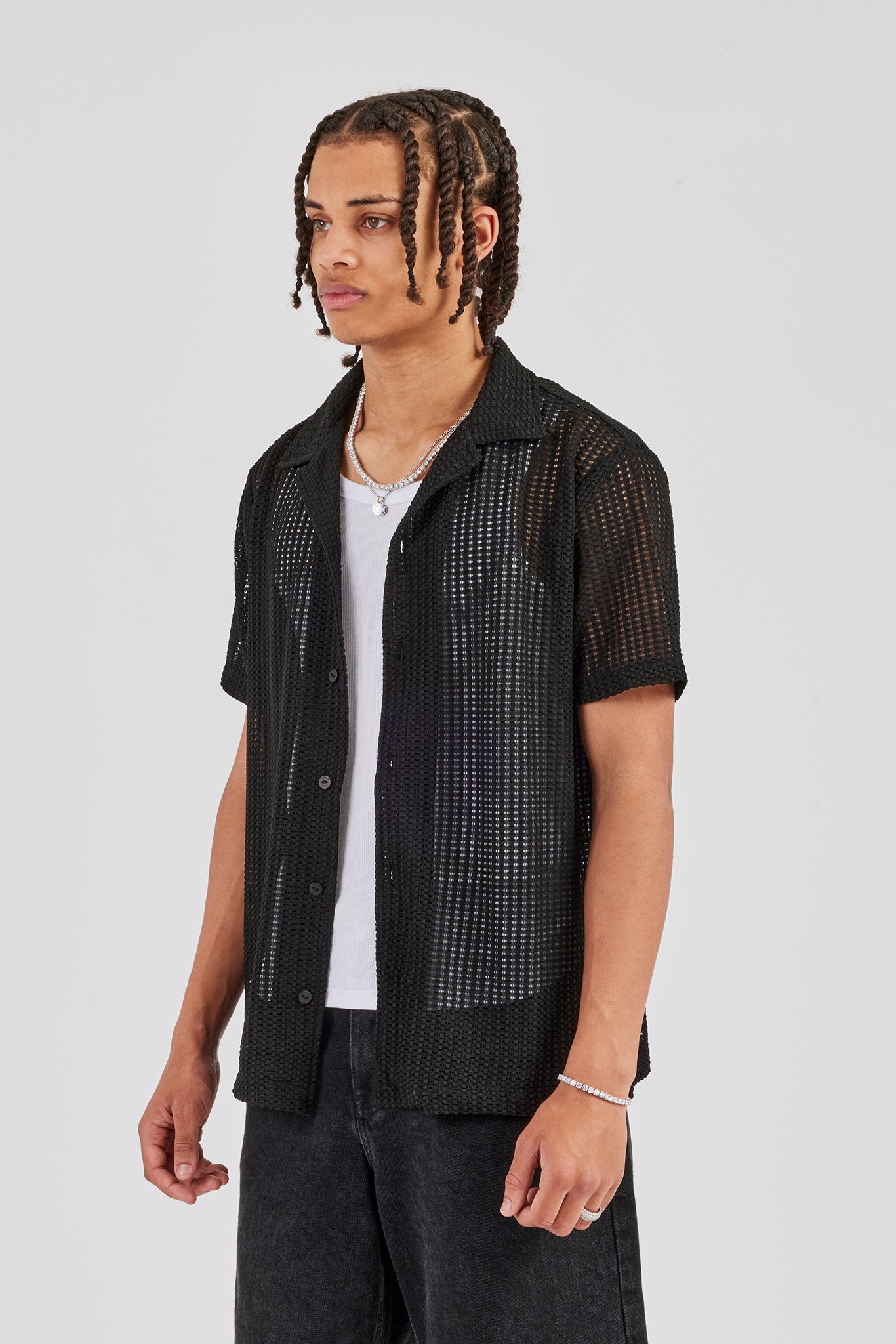 Textured Button Front Revere Shirt - Black