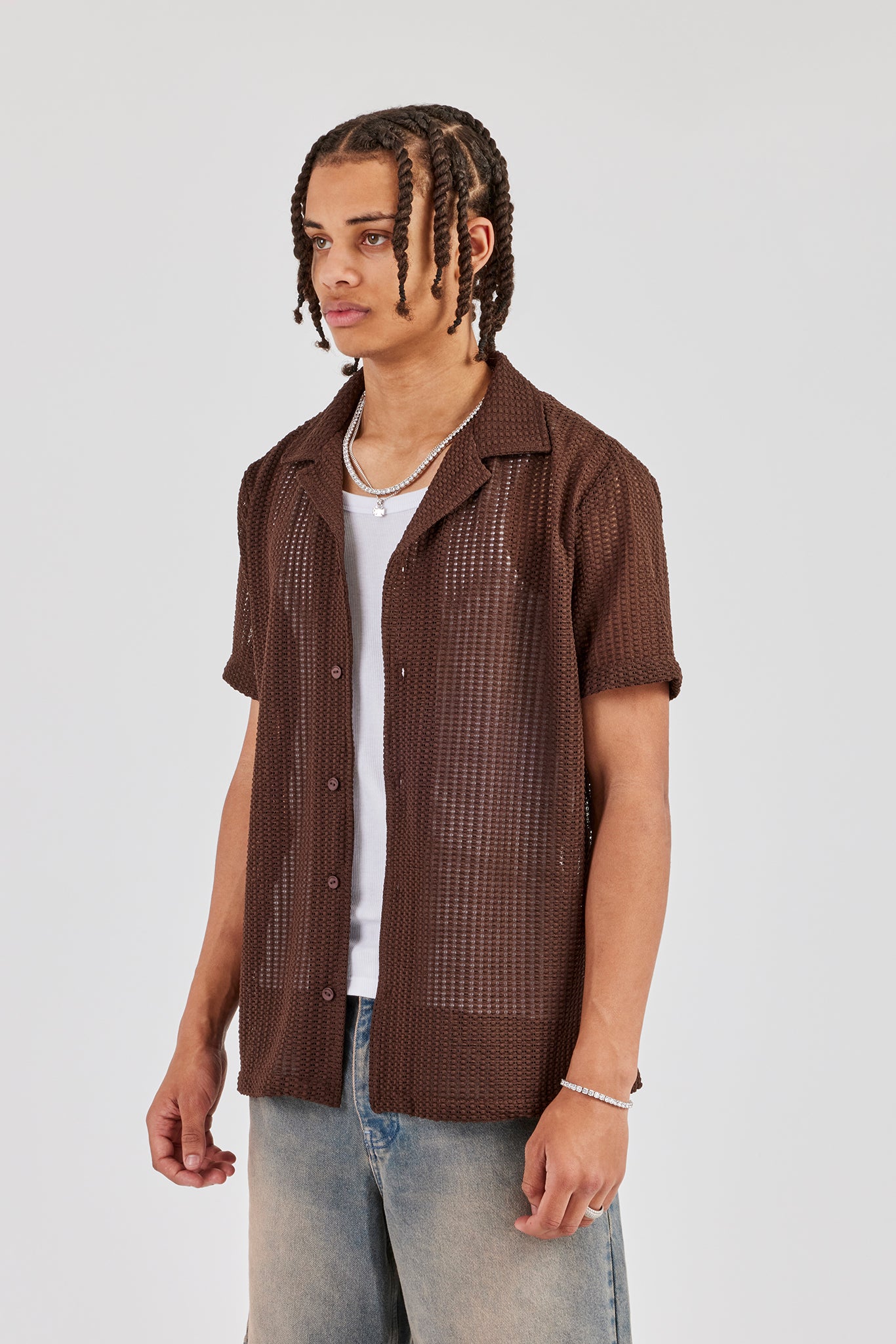 Strukturiertes Revershemd mit Knopfleiste vorne - Schokolade