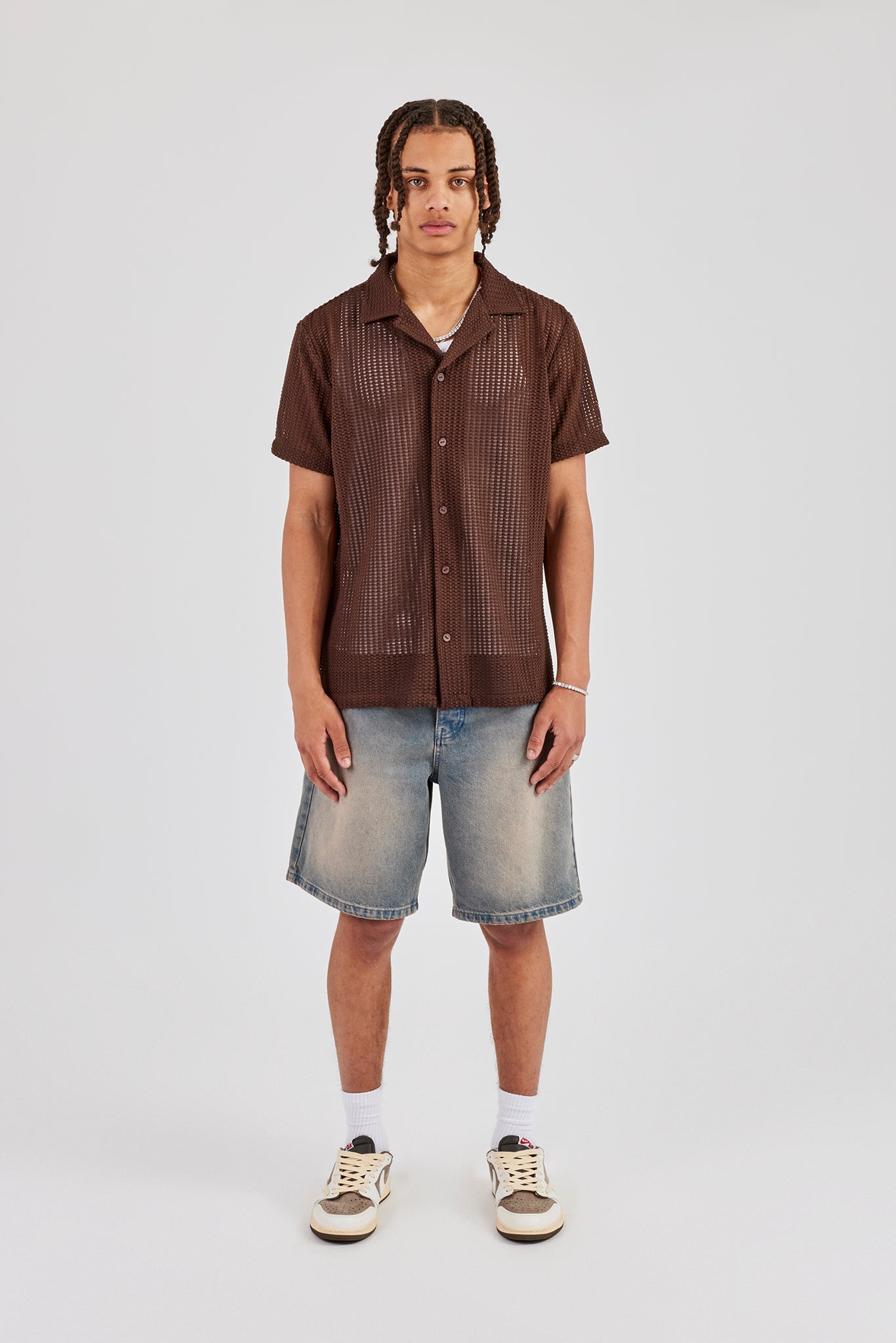 Strukturiertes Revershemd mit Knopfleiste vorne - Schokolade