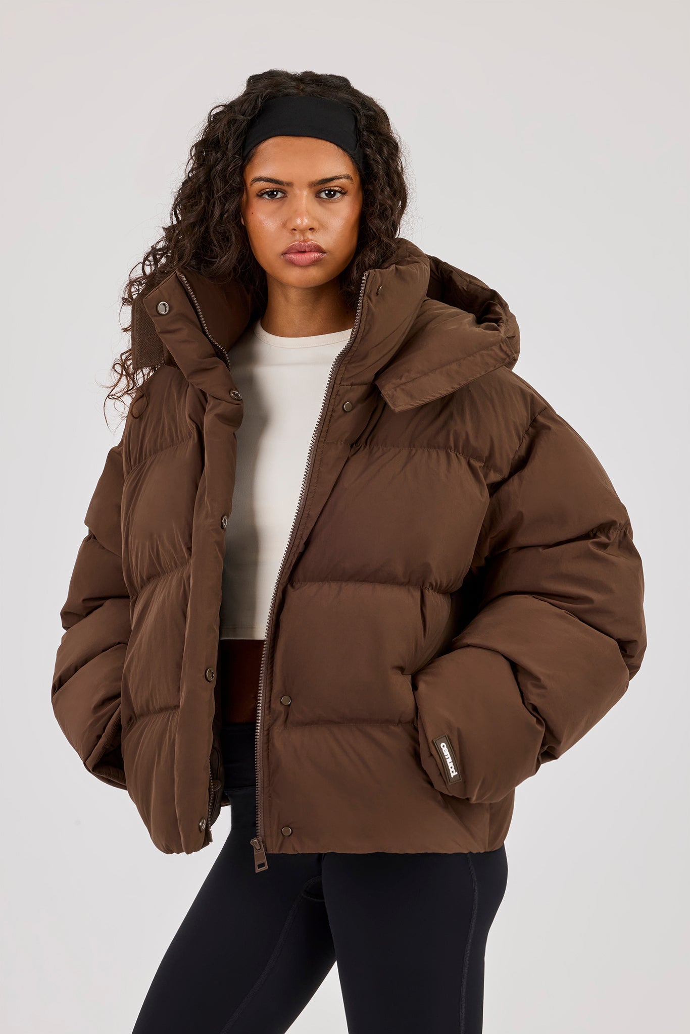 Funnel Neck Hooded Puffer Jacket - Chocolate