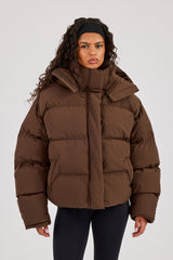 Funnel Neck Hooded Puffer Jacket - Chocolate