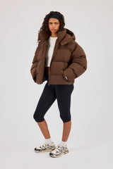 Funnel Neck Hooded Puffer Jacket - Chocolate