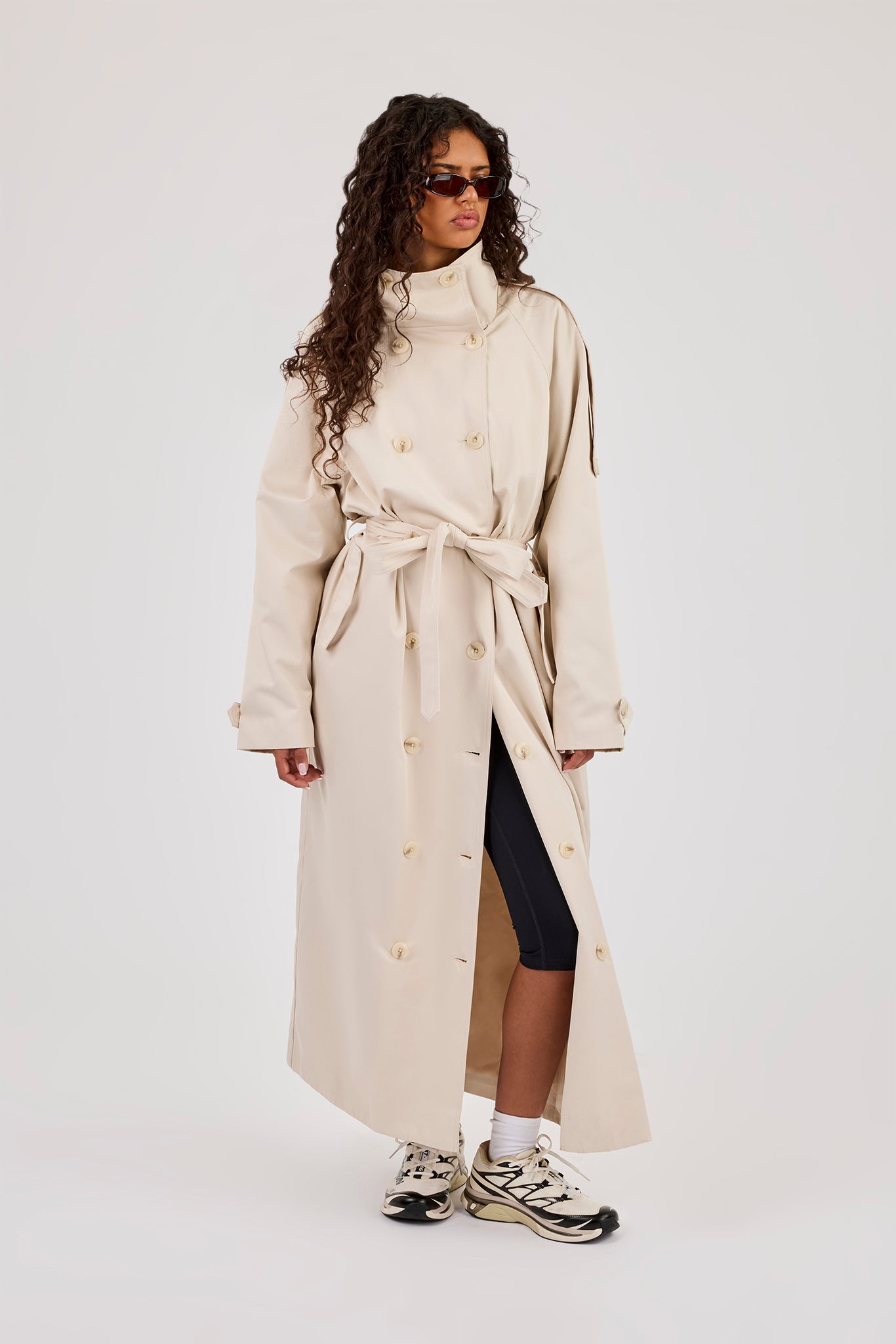 Extended Funnel Neck Trench Coat - Beige