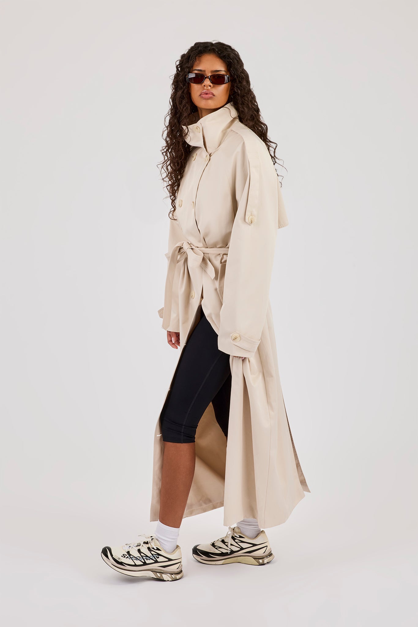 Extended Funnel Neck Trench Coat - Beige