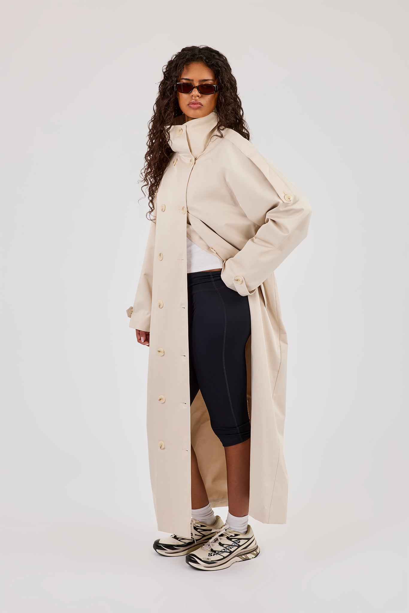 Extended Funnel Neck Trench Coat - Beige