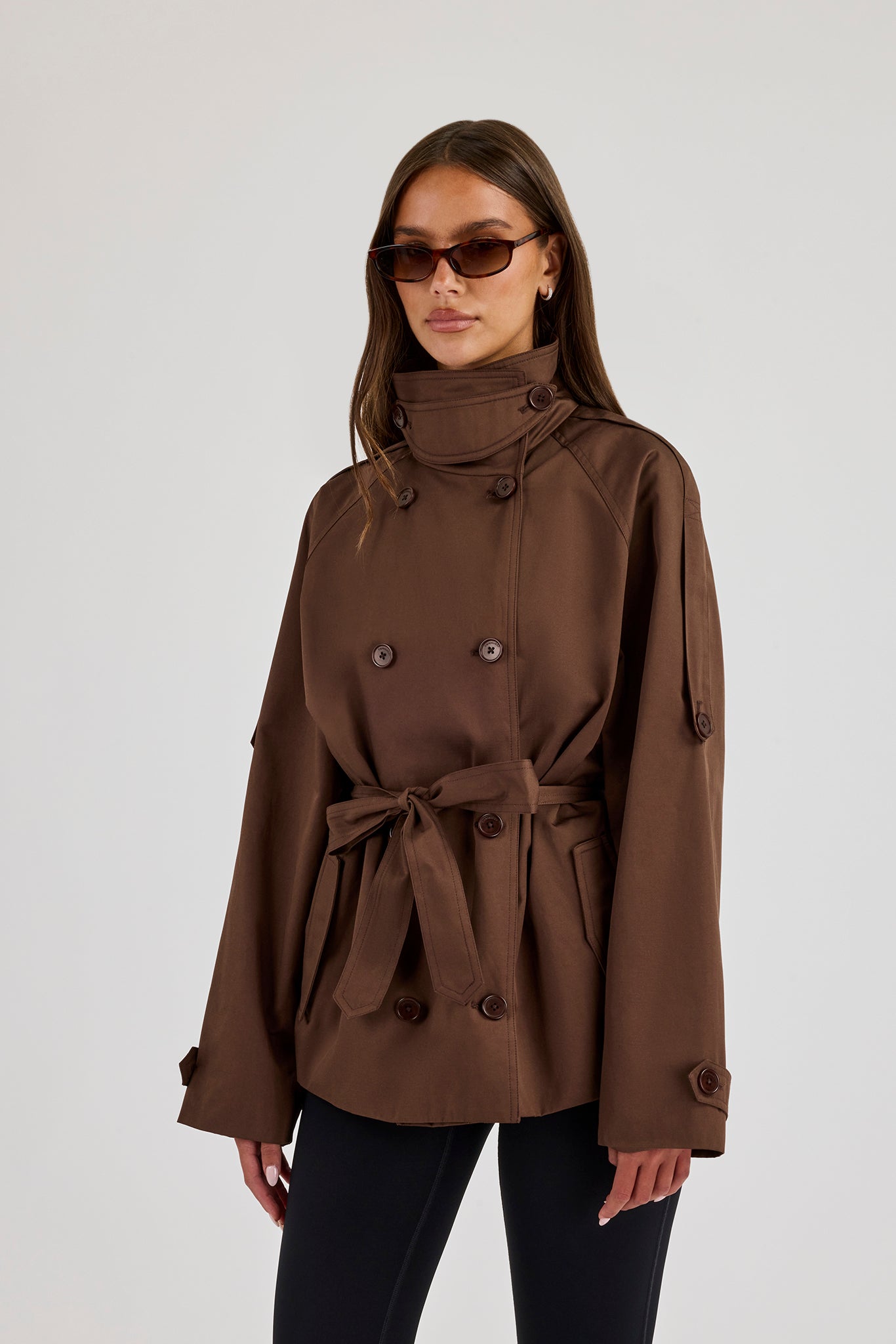 Funnel Neck Cropped Trench - Chocolate