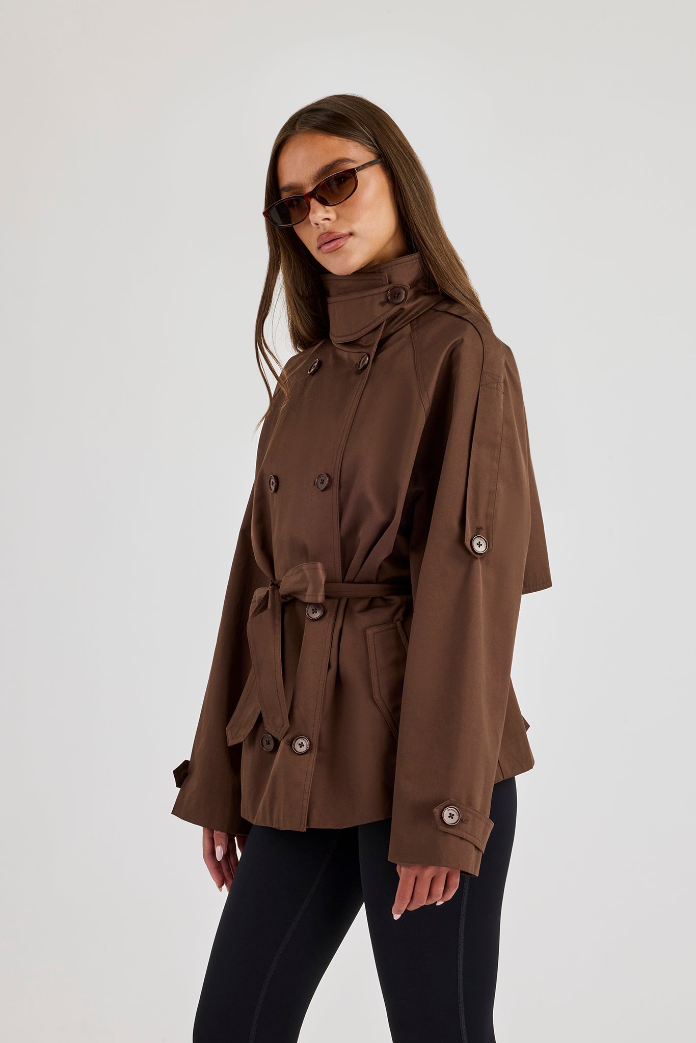 Funnel Neck Cropped Trench - Chocolate