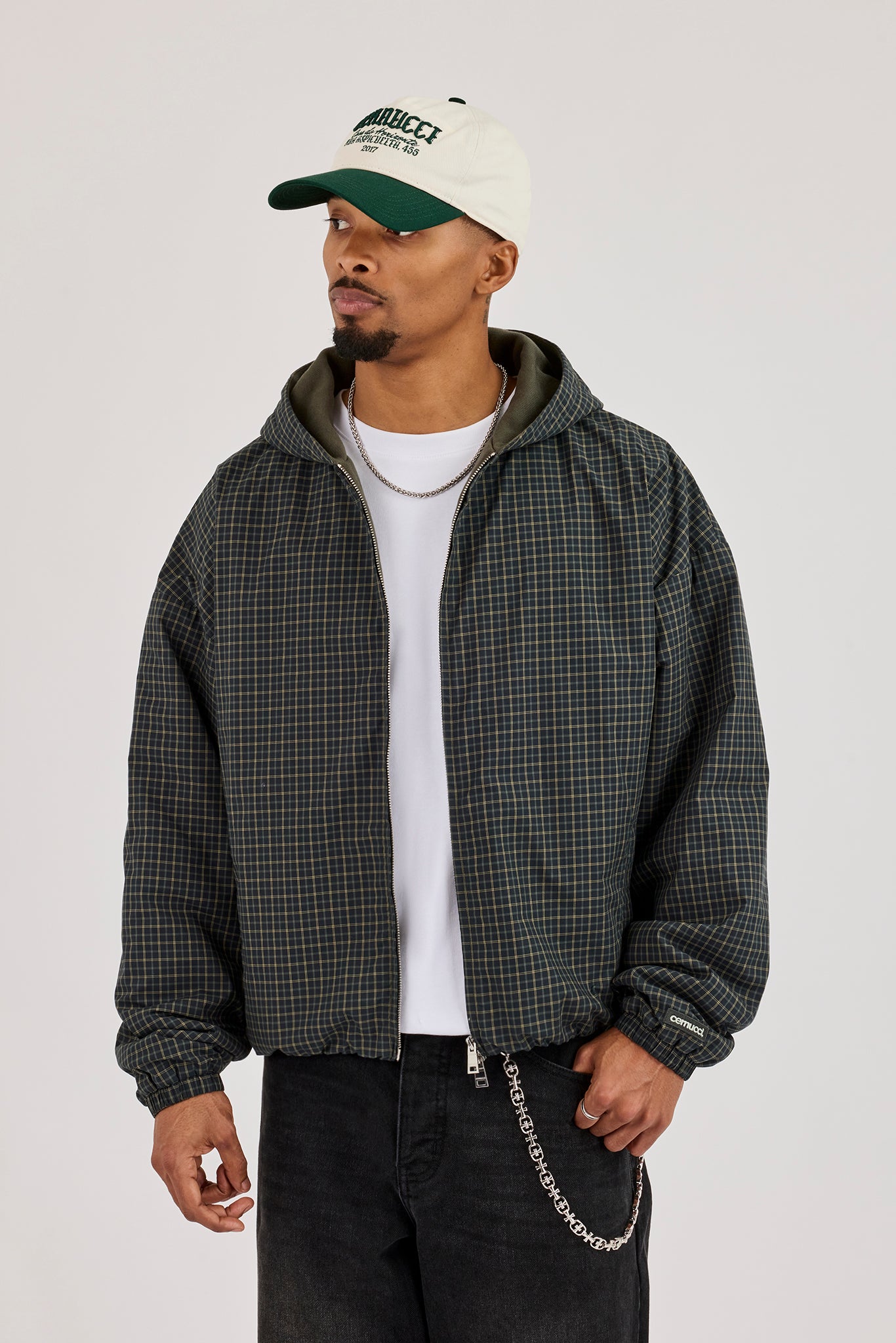 Check Jersey Lined Hooded Jacket - Green
