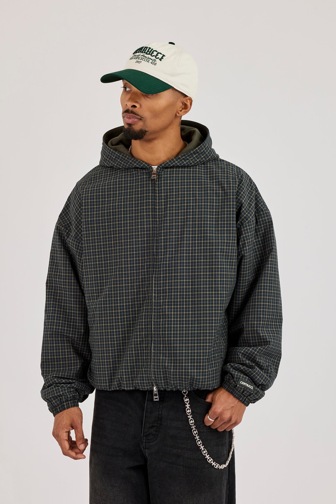 Check Jersey Lined Hooded Jacket - Green