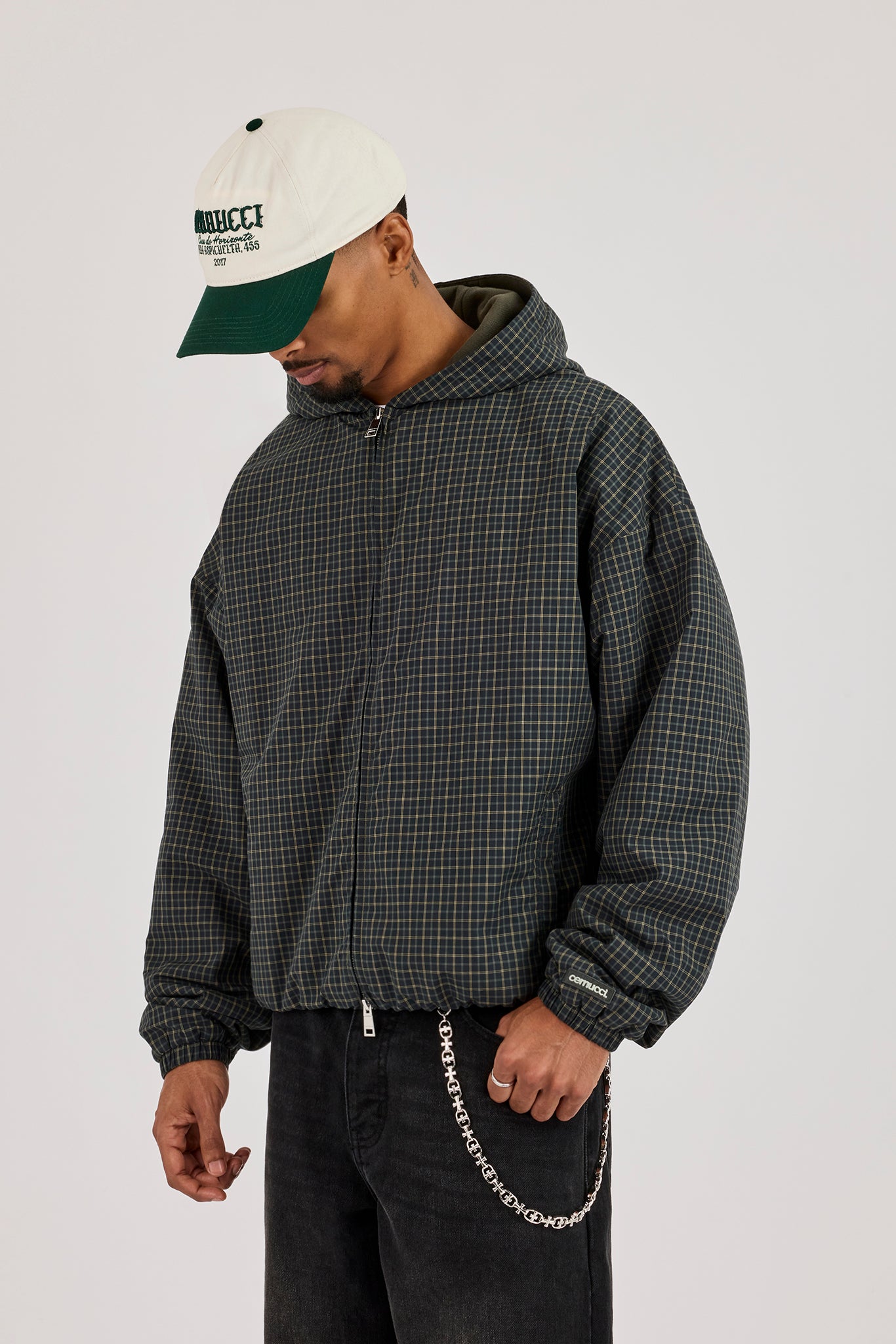 Check Jersey Lined Hooded Jacket - Green