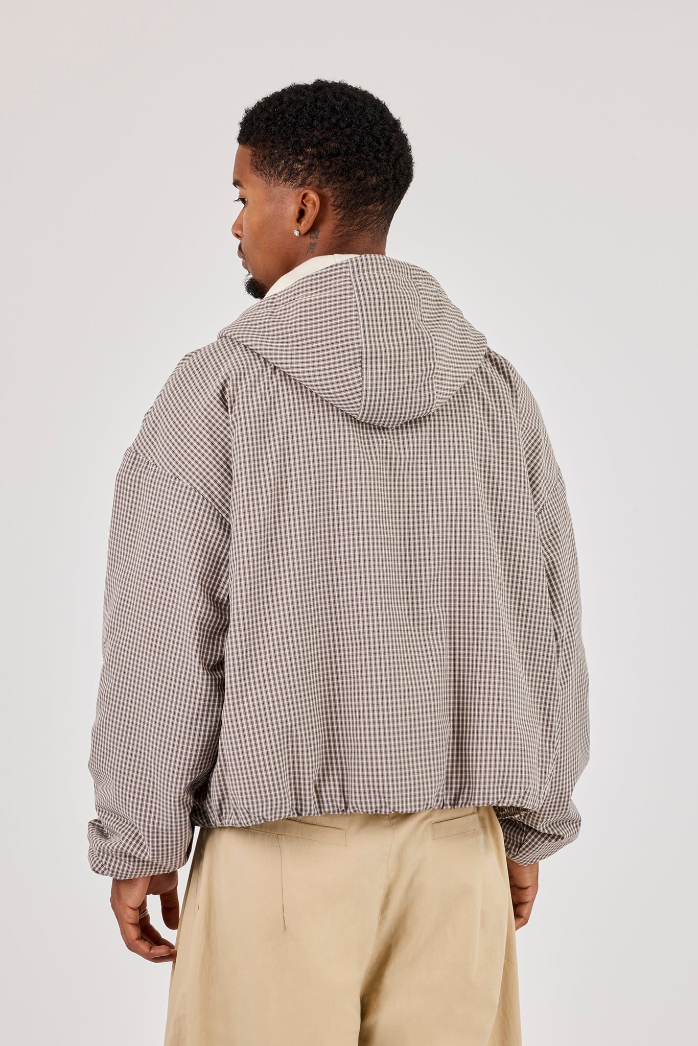 Check Jersey Lined Hooded Jacket - Grey