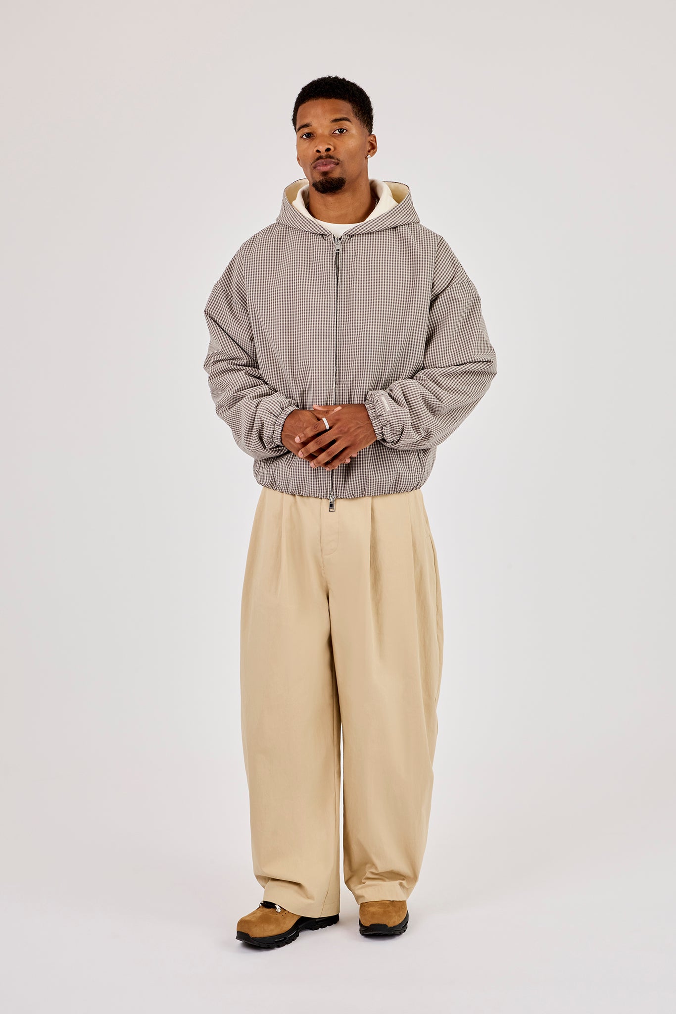 Check Jersey Lined Hooded Jacket - Grey