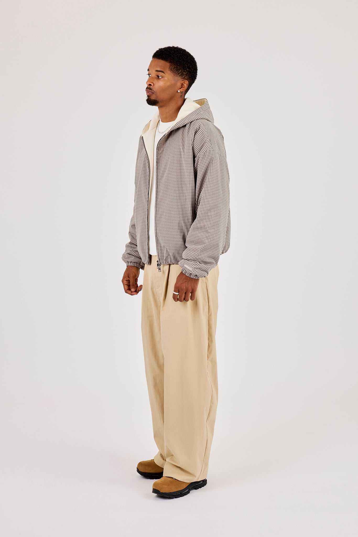 Check Jersey Lined Hooded Jacket - Grey