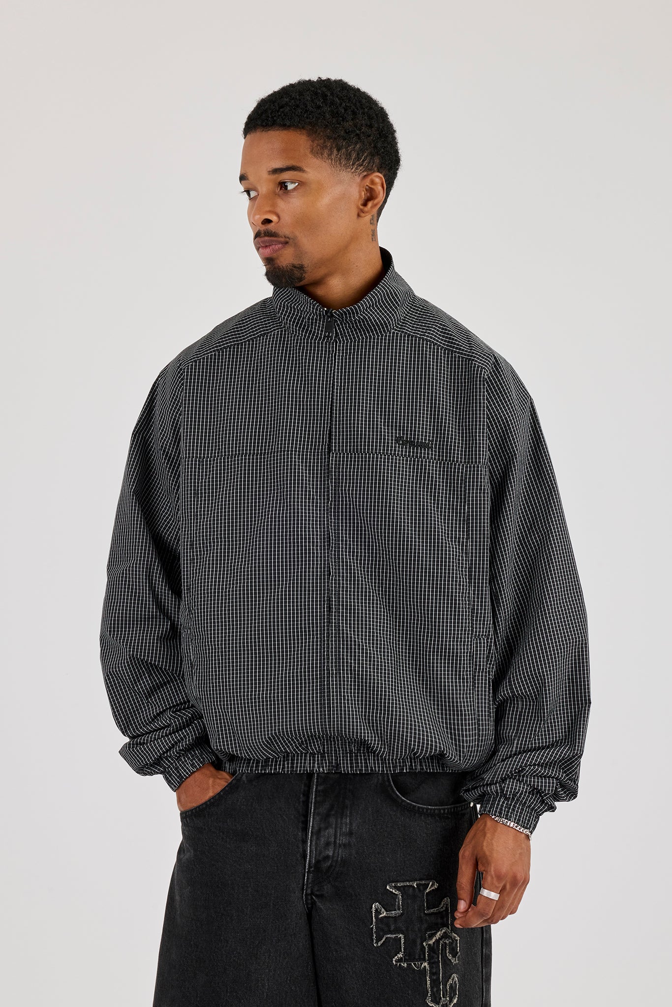Check Funnel Neck Windbreaker - Black