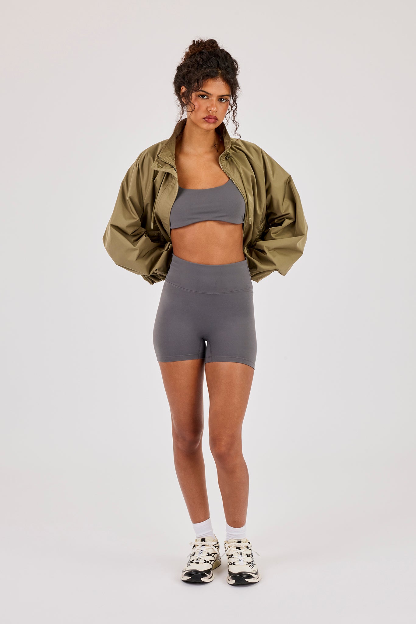 Nylon Cinched Funnel Neck Jacket - Khaki