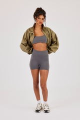 Nylon Cinched Funnel Neck Jacket - Khaki