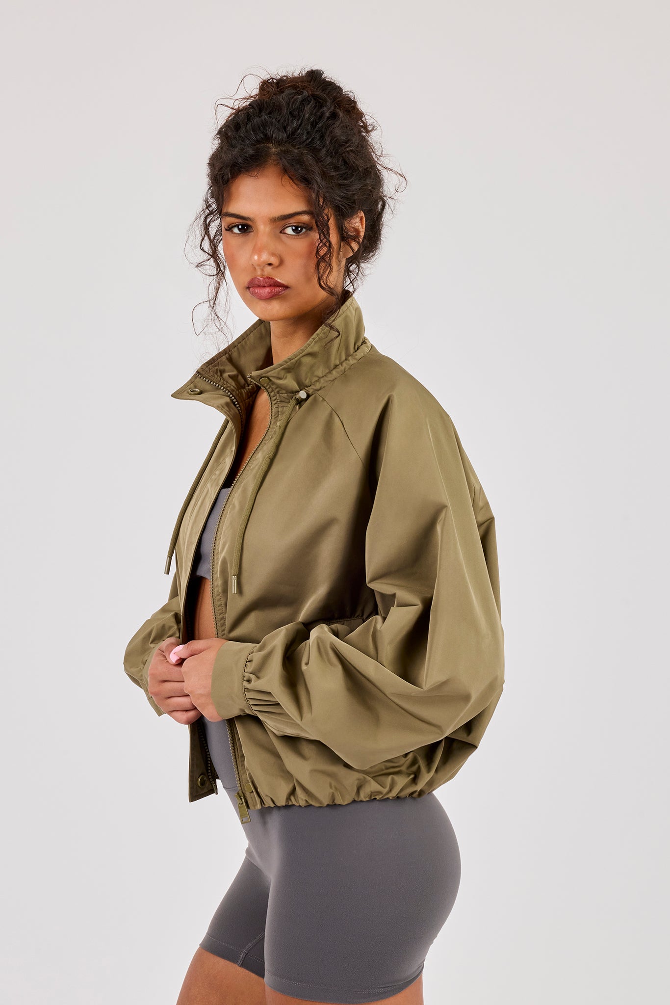 Nylon Cinched Funnel Neck Jacket - Khaki