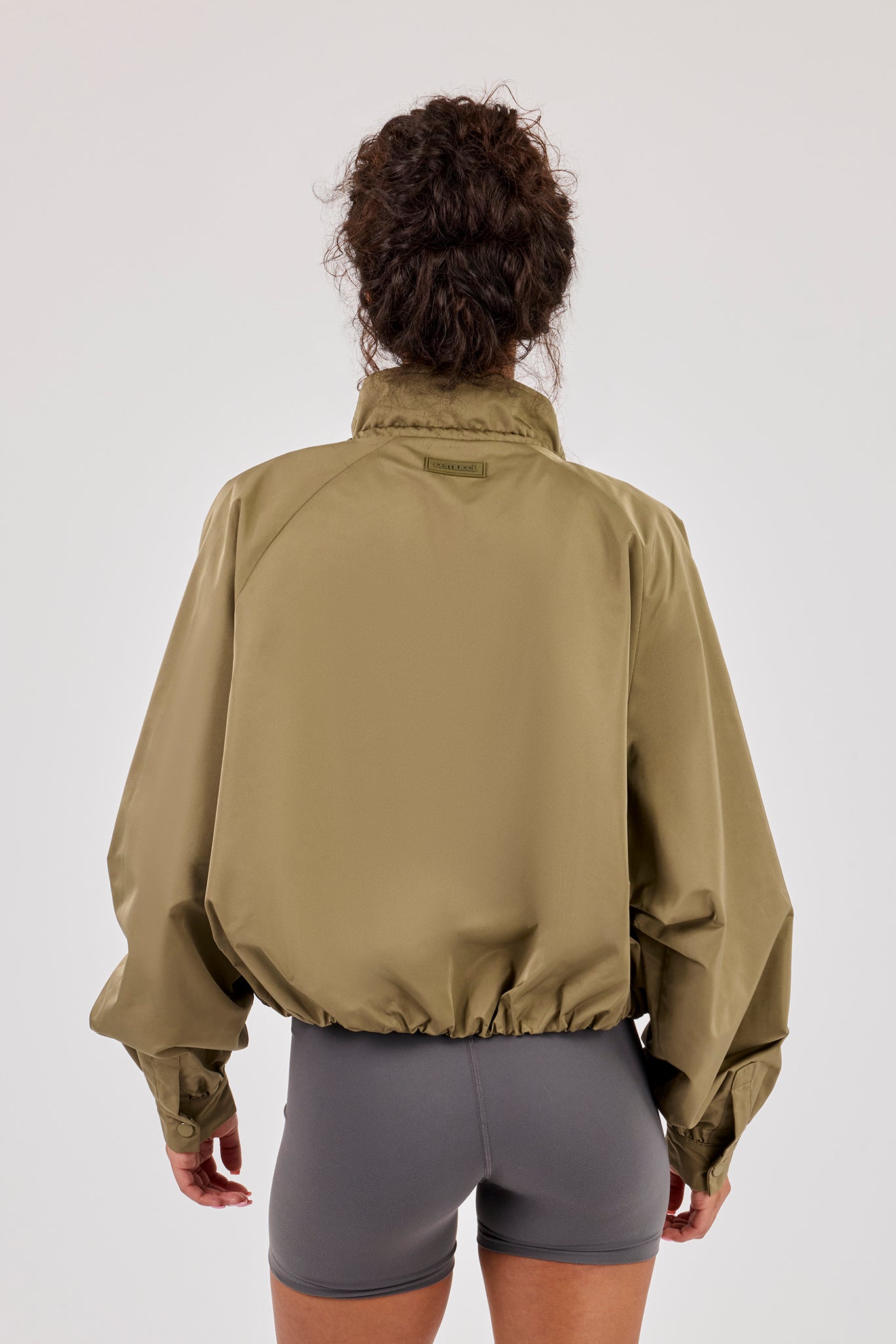 Nylon Cinched Funnel Neck Jacket - Khaki