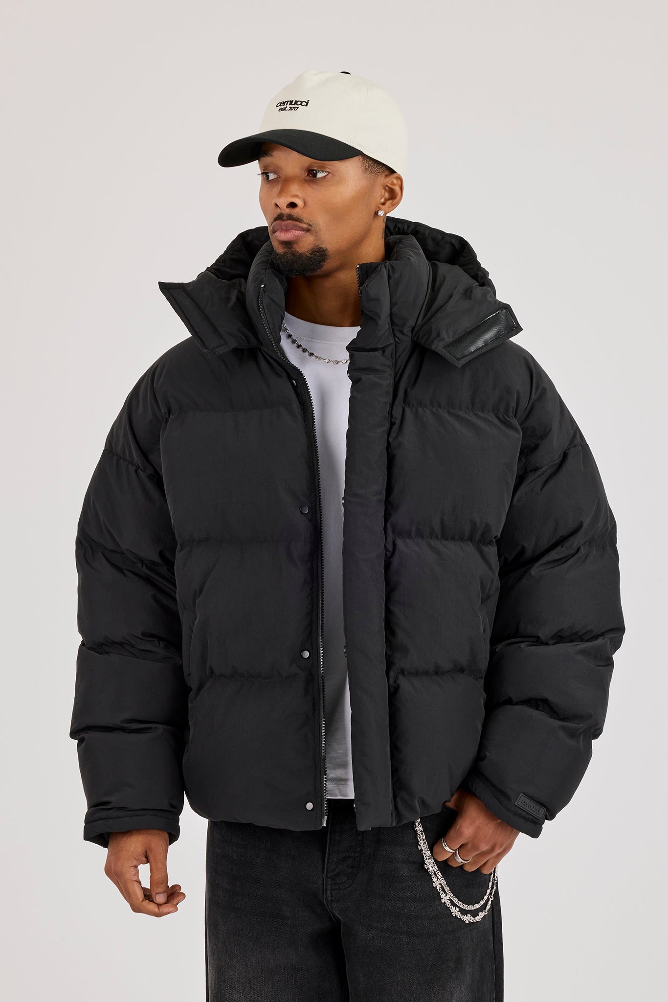 Funnel Neck Hooded Puffer Jacket - Black