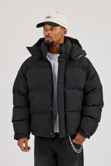 Funnel Neck Hooded Puffer Jacket - Black