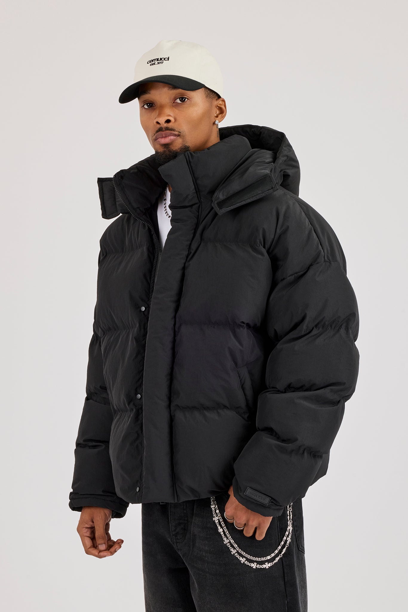 Funnel Neck Hooded Puffer Jacket - Black