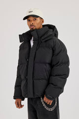 Funnel Neck Hooded Puffer Jacket - Black