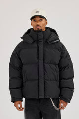 Funnel Neck Hooded Puffer Jacket - Black