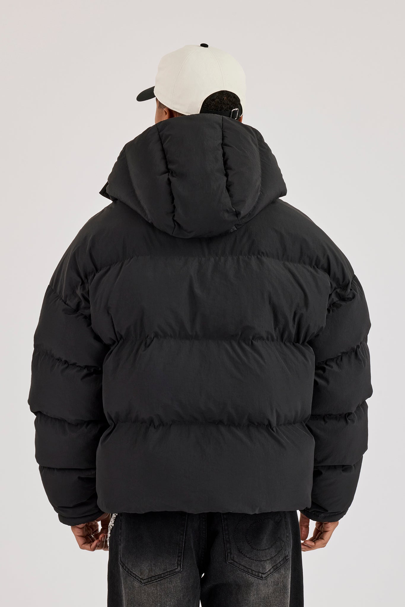 Funnel Neck Hooded Puffer Jacket - Black