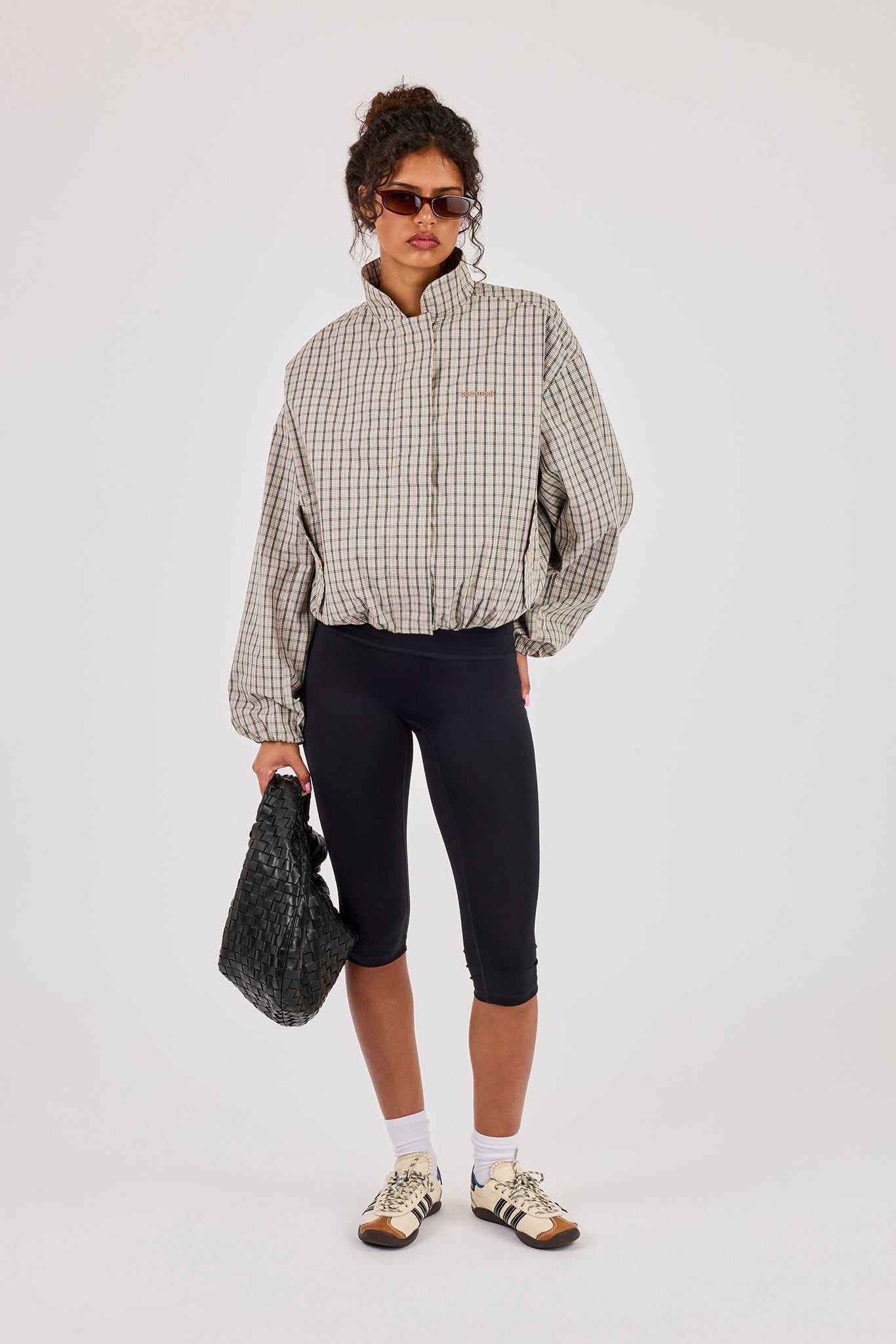 Crinkle Check Funnel Neck Jacket - Taupe