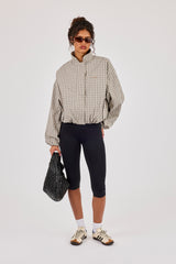 Crinkle Check Funnel Neck Jacket - Taupe
