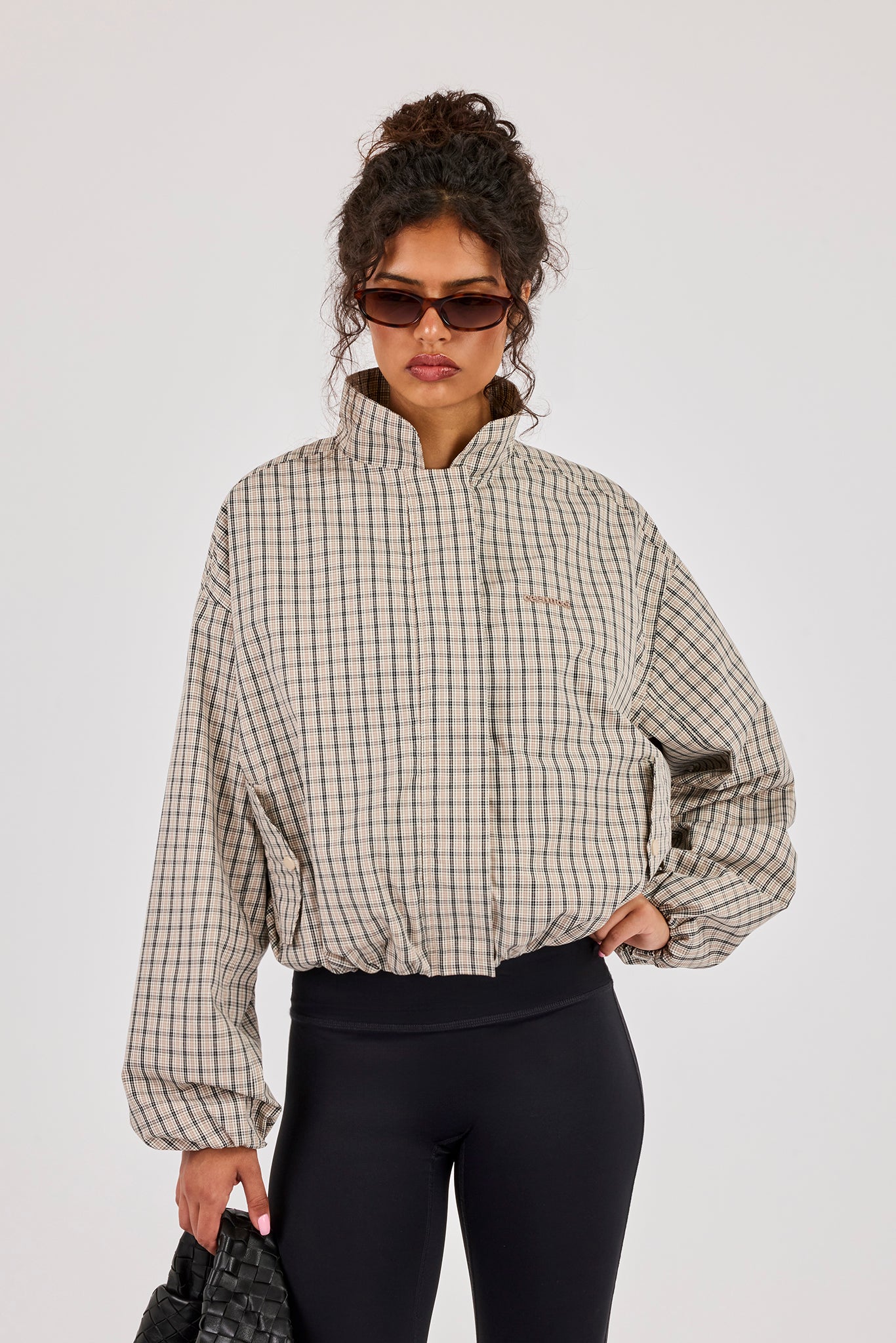 Crinkle Check Funnel Neck Jacket - Taupe