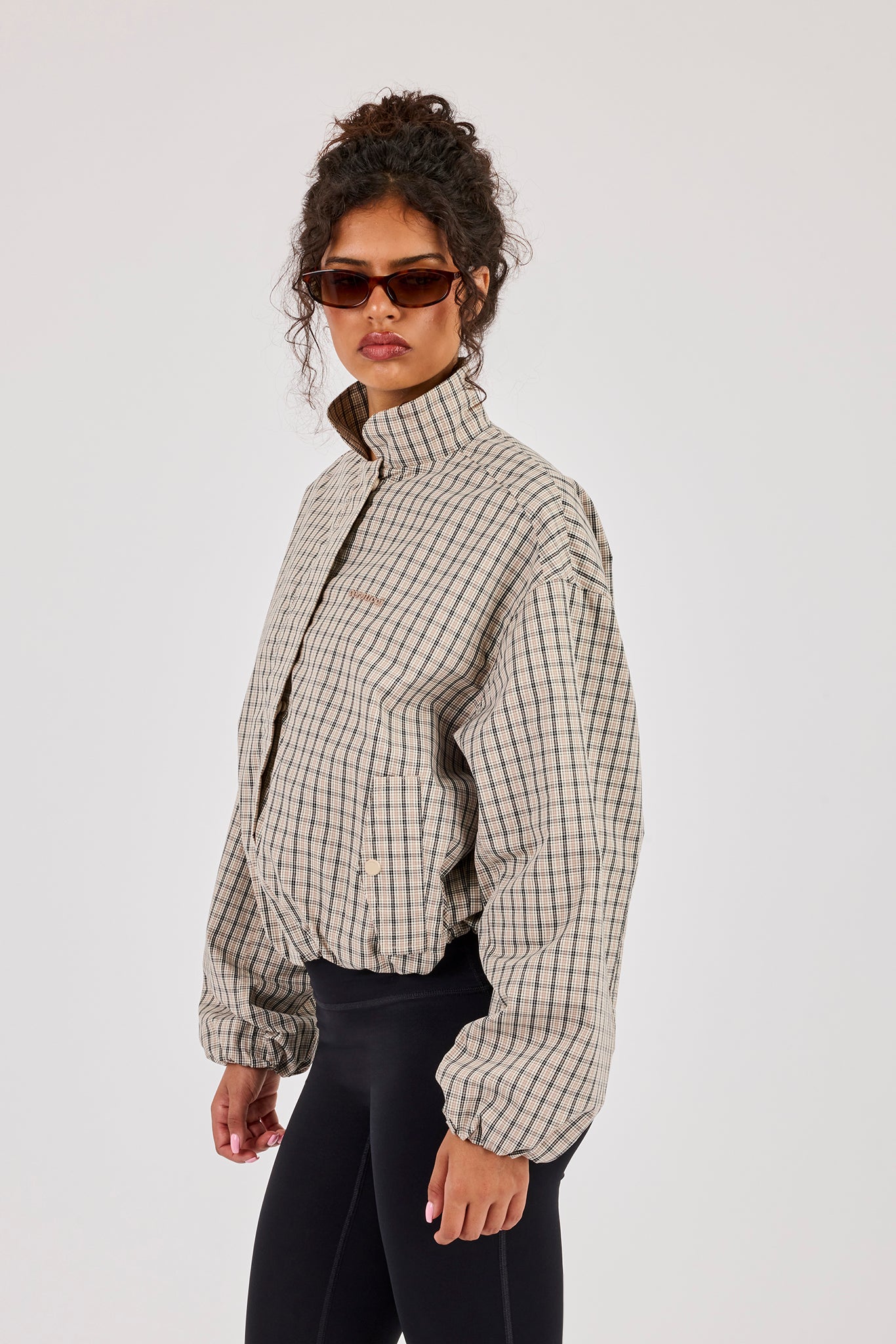 Crinkle Check Funnel Neck Jacket - Taupe