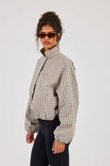 Crinkle Check Funnel Neck Jacket - Taupe