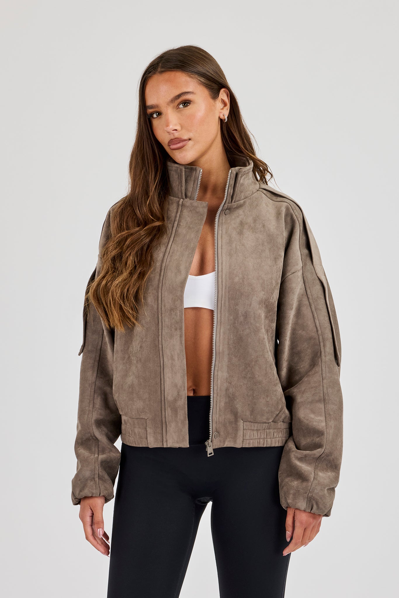 Suede Zip Through Funnel Neck Jacket - Grey
