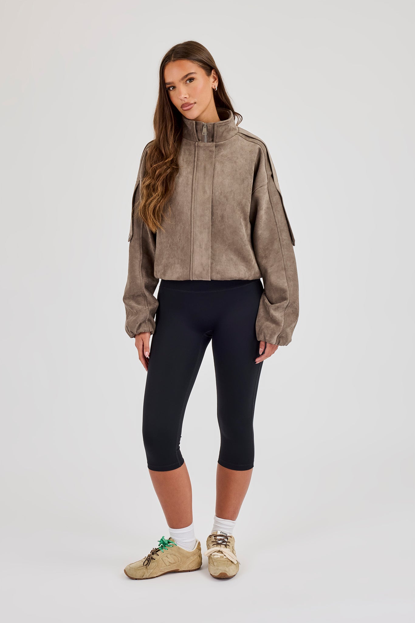 Suede Zip Through Funnel Neck Jacket - Grey