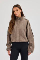 Suede Zip Through Funnel Neck Jacket - Grey